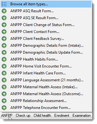 Example ANFPP clinical items in the clinical record