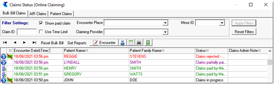 Example Claims Status encounter list