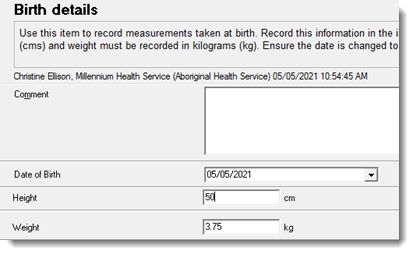 Example clinical item with date of birth & birth weight