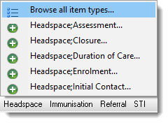 Example Headspace clinical items in the clinical record