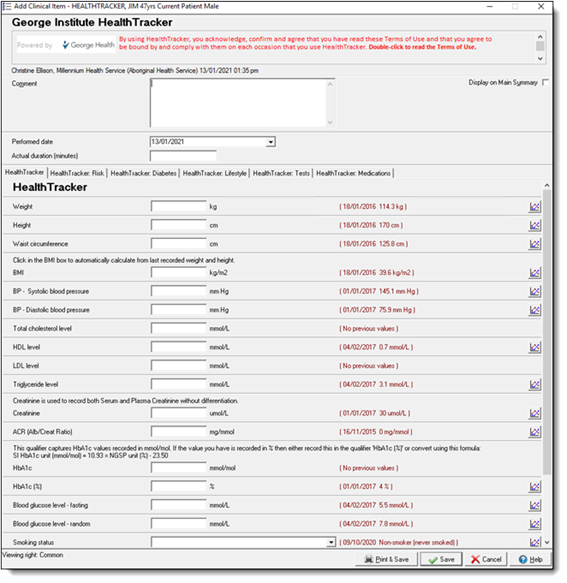 Example George Institute HealthTracker clinical item