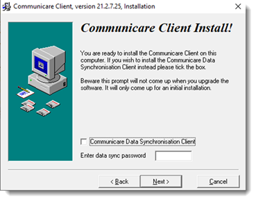 Example installation window - data sync