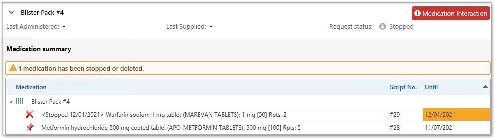 Example patient inventory warning of a stopped medication