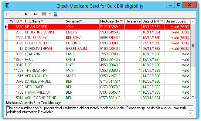 Example Check Medicare Card for Bulk Bill Eligibility window