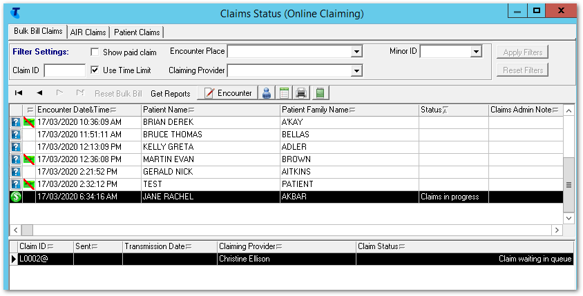 Example Claims Status (Online Claiming) window