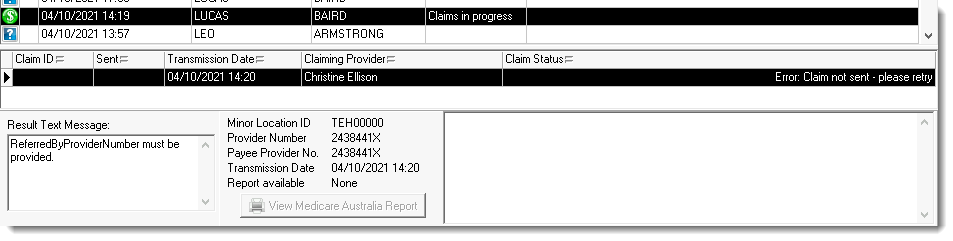 Example result text and claim status for a claim still in progress
