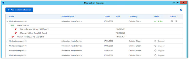 Example Medication Requests summary window