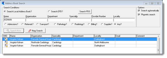 Example PDS search results listed in the local Communicare address book
