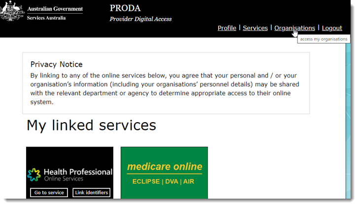 Example PRODA device update page - organisations