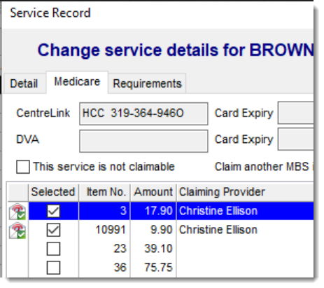 Example Service Record, with claim sent