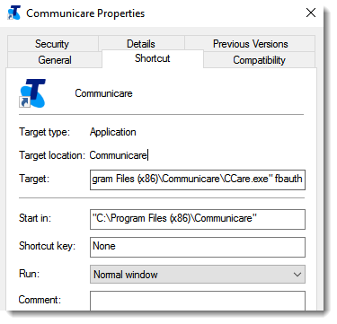 Example Communicare login properties