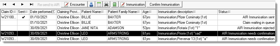 Example AIR Claims tab wtih claim requiring confirmation