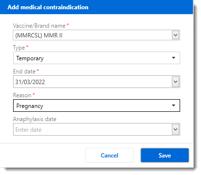 Example Add medical contraindication window