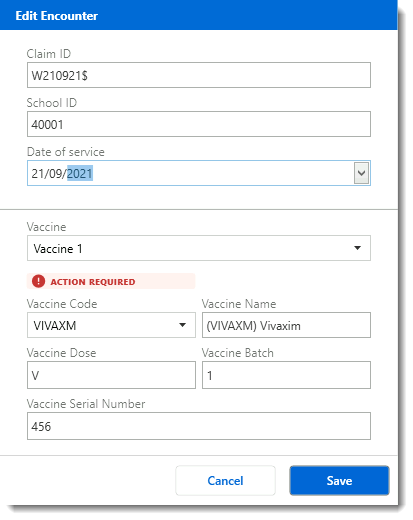 Example Edit Encounter window where you can edit a vaccine