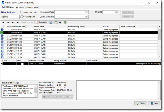 Bulk Bill Claims tab with multiple entries for the same claim because of an error