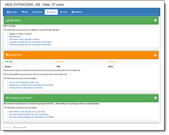 Example HealthTracker report - Lifestyle tab