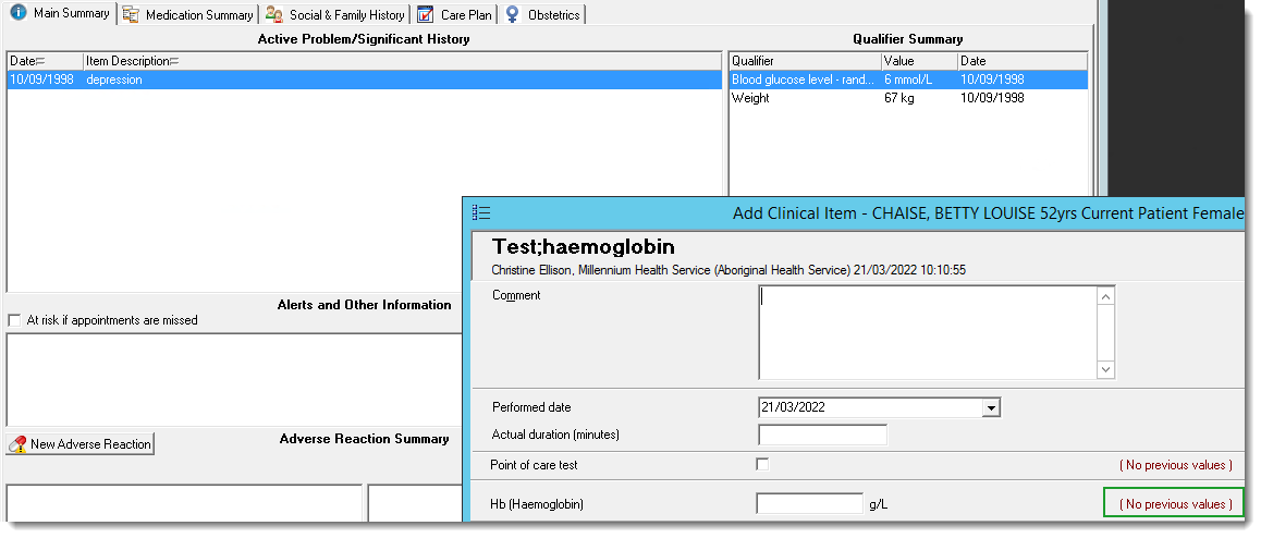 Example clinical item with no previous qualifier values