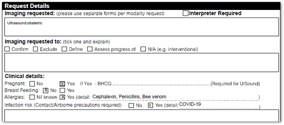 Example imaging request template with specific field for infection details