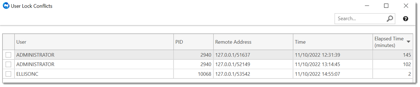 Example User Lock Conflicts window