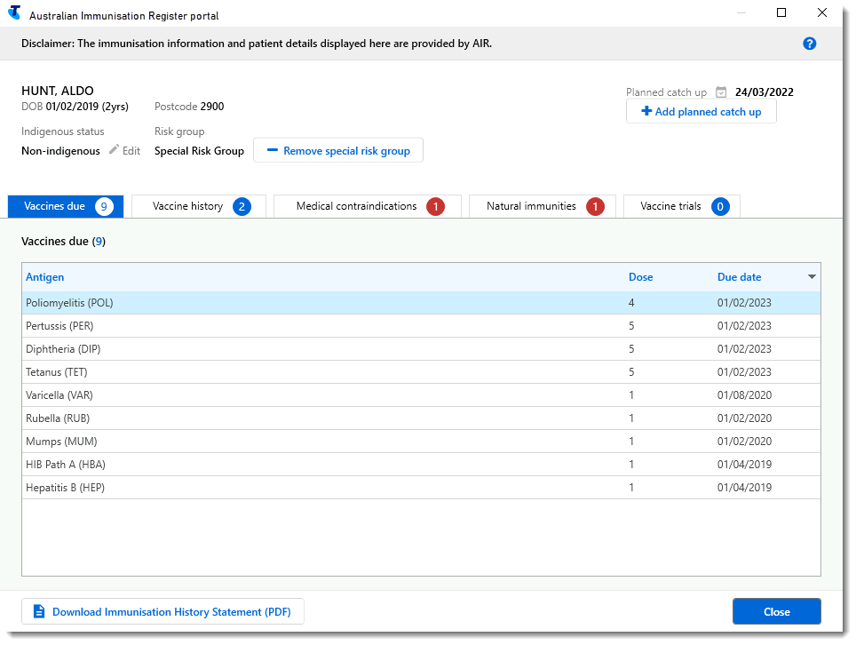 Example Australian Immunisation Register portal window