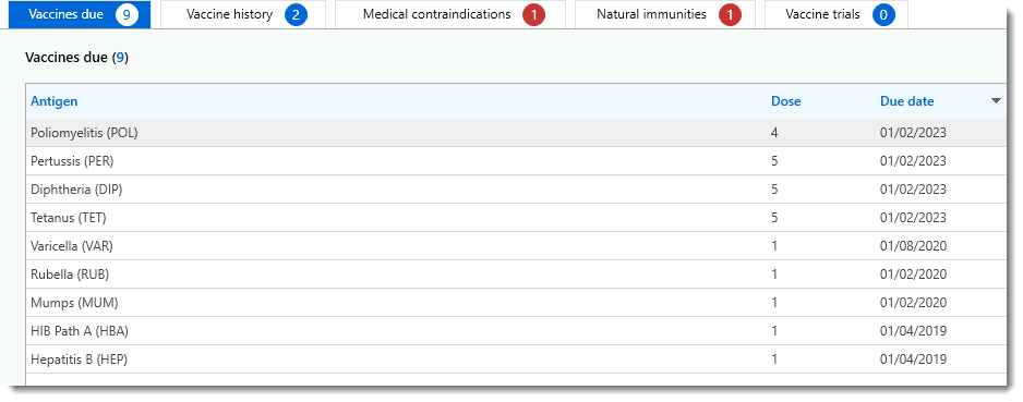 Vaccines due from a planned catch up in the Australian Immunisation Register portal window