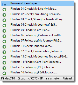 Example Flinders clinical items in the clinical record