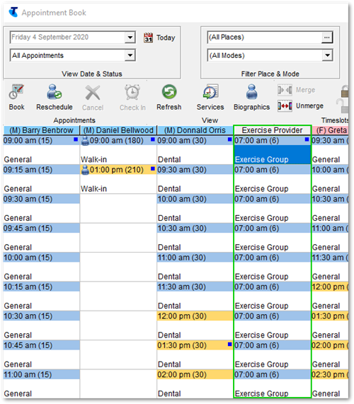 Example exercise group appointments