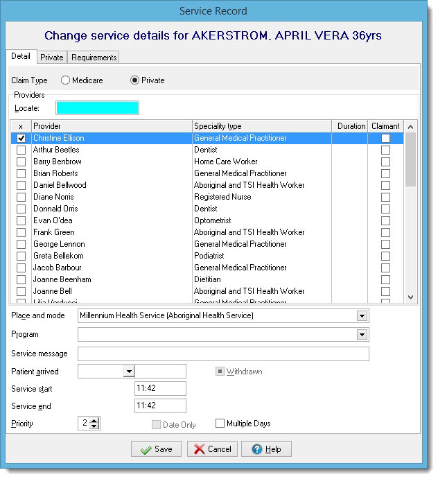 Example Service Record window