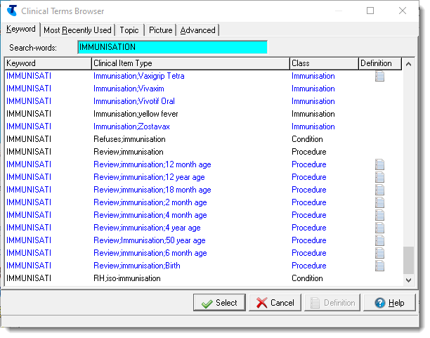 Example clinical item search