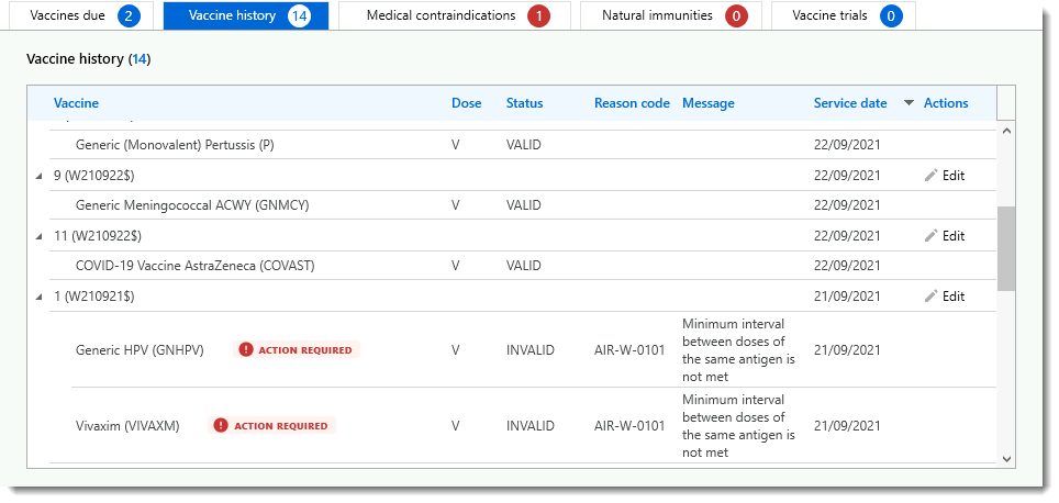 Example Vaccine history tab with invalid vaccines