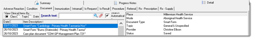 Example Health SmartForm saved in Communicare