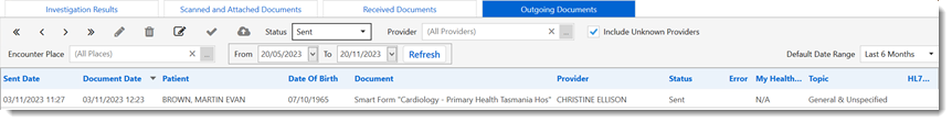 Example sent HealthLink SmartForm in Documents and Results, Outgoing Documents tab