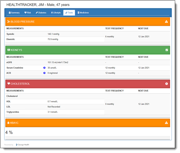 Example HealthTracker report - Tests tab