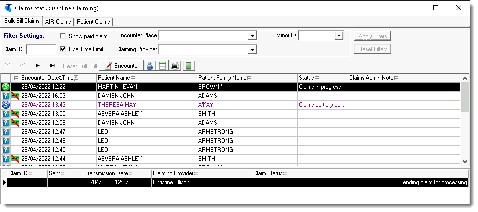 Example Claims in progress with a claim status of "Sending claim for processing"