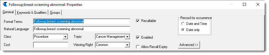 Example recall clinical item for breast cancer screening