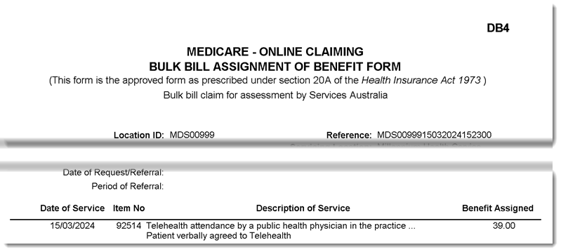 Example DB4 form for Telehealth assignment of benefit