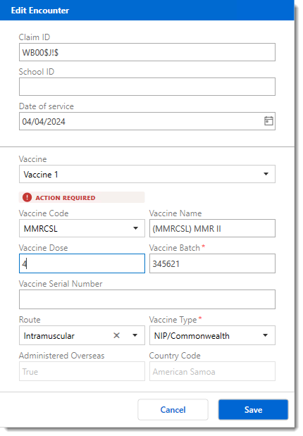 Example Edit Encounter window where you can edit a vaccine