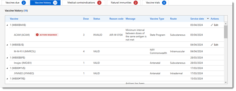 Example Vaccine history tab with invalid vaccines