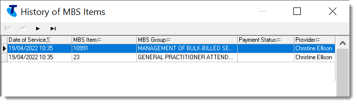 Example MBS claim history in the clinical record