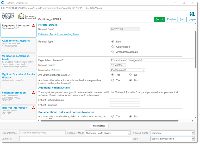 Example HealthLink SmartForm