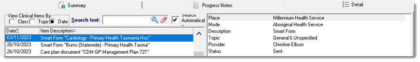 Example sent HealthLink SmartForm in clinical record, Detail tab