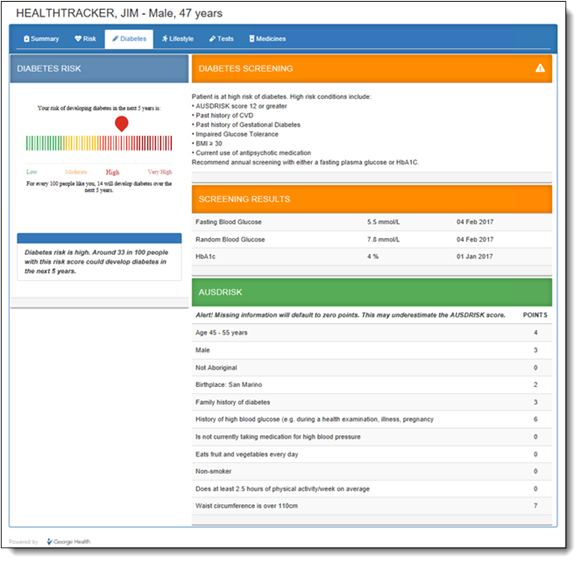 Example HealthTracker report - Diabetes tab