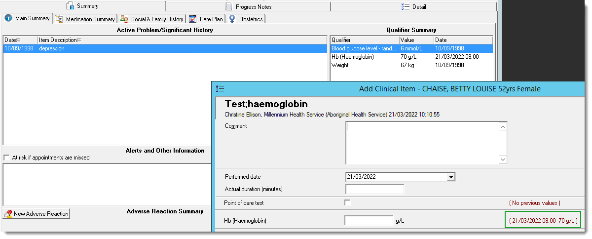 Example clinical item with newly imported value