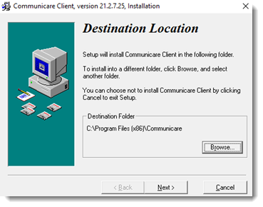 Example destination installation window