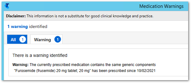 Example duplicate drug warning