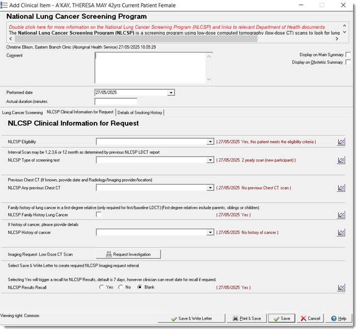 Example National Lung Cancer Screening Program clinical item