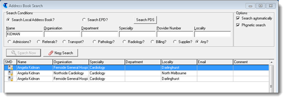 Example provider directory search results listed in the local Communicare address book