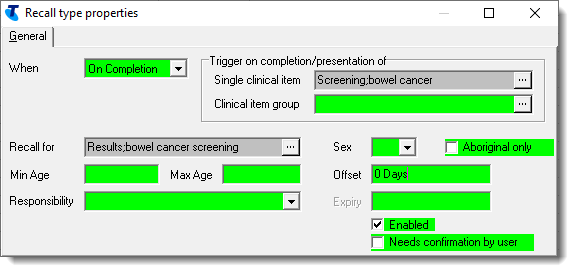 Example on completion trigger for results recall for bowel cancer screening