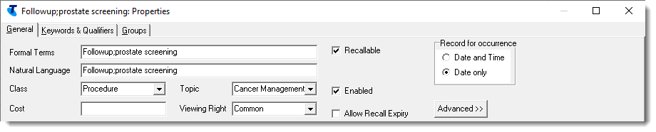 Example prostate recall clinical item