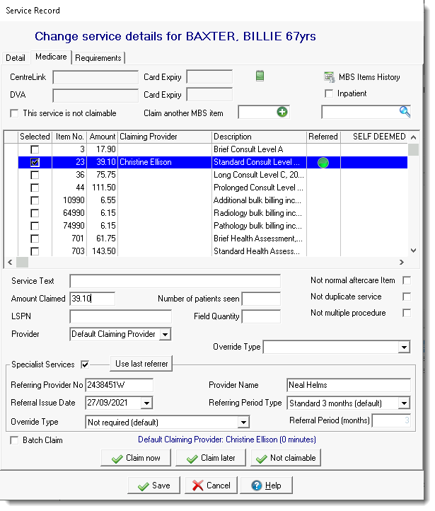 Example Service Rrcord window